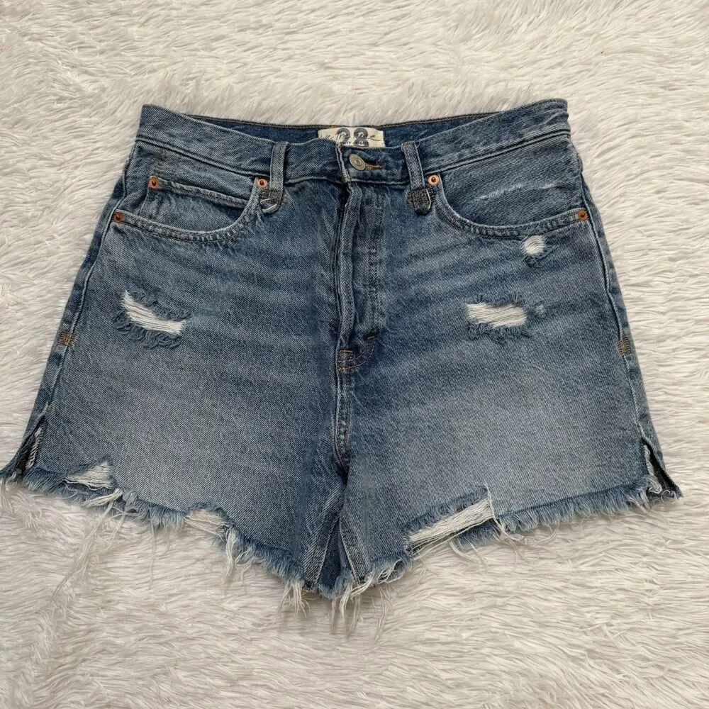 Women We The Free Distressed High Rise Denim Short in Light Wash Blue Size 28